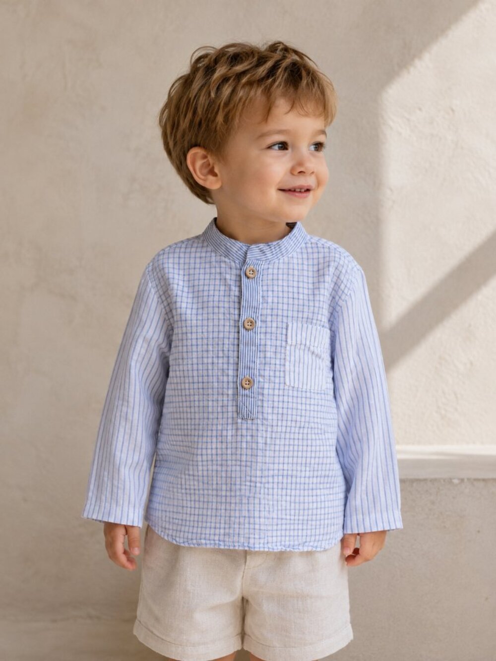 Bonton Kids Blue Plaid Stripe Henley Shirt 2T French Designer Boys Top